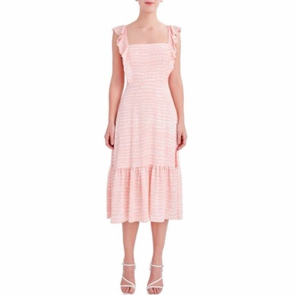 BCBG Paris Peach Pink Ruffle Dot Print Midi Dress Size Medium - Picture 1 of 15